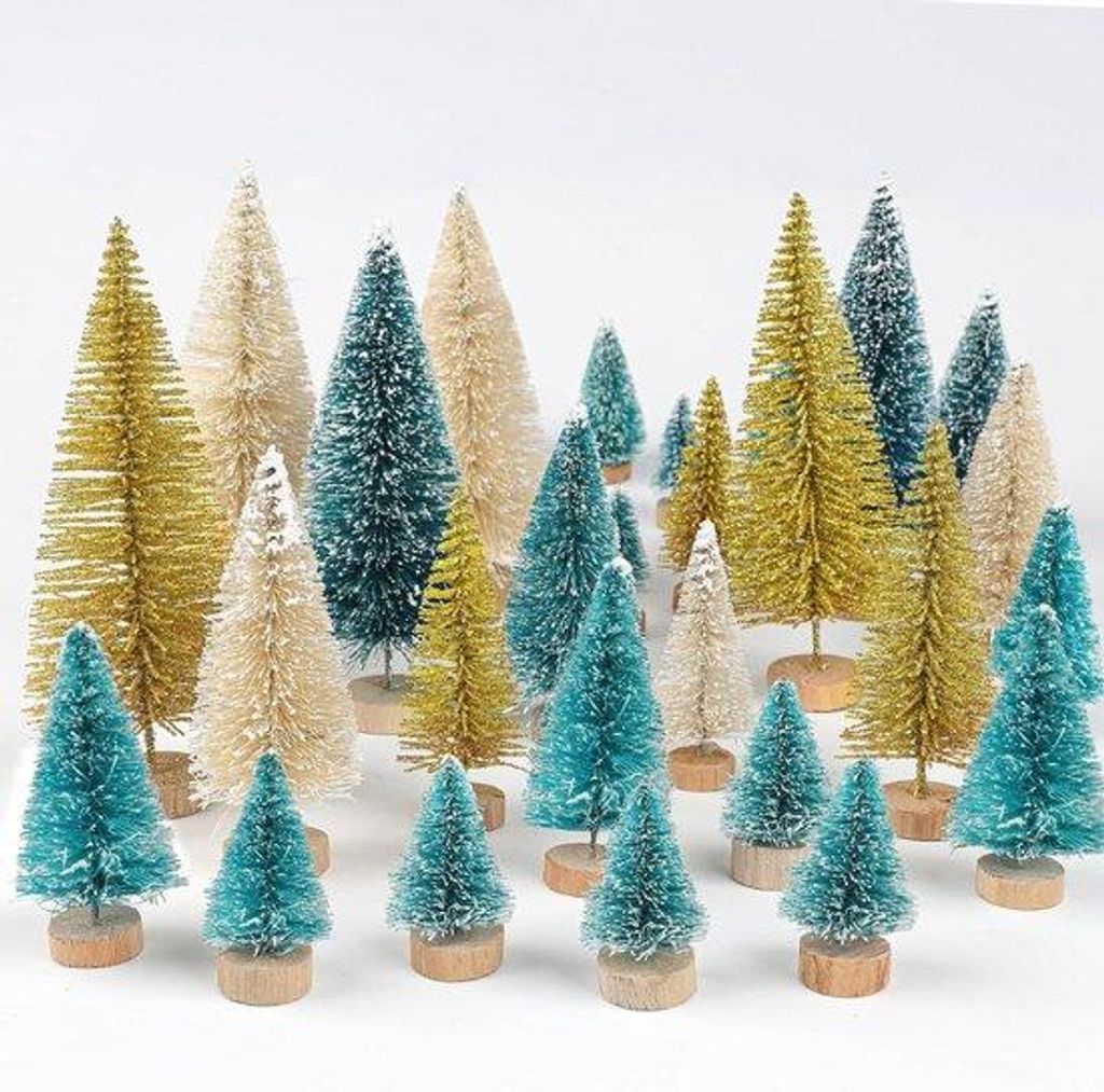 Mini-Kerstbäume-Set aus Kunststoff mit Holzbasis für Tischdekoration