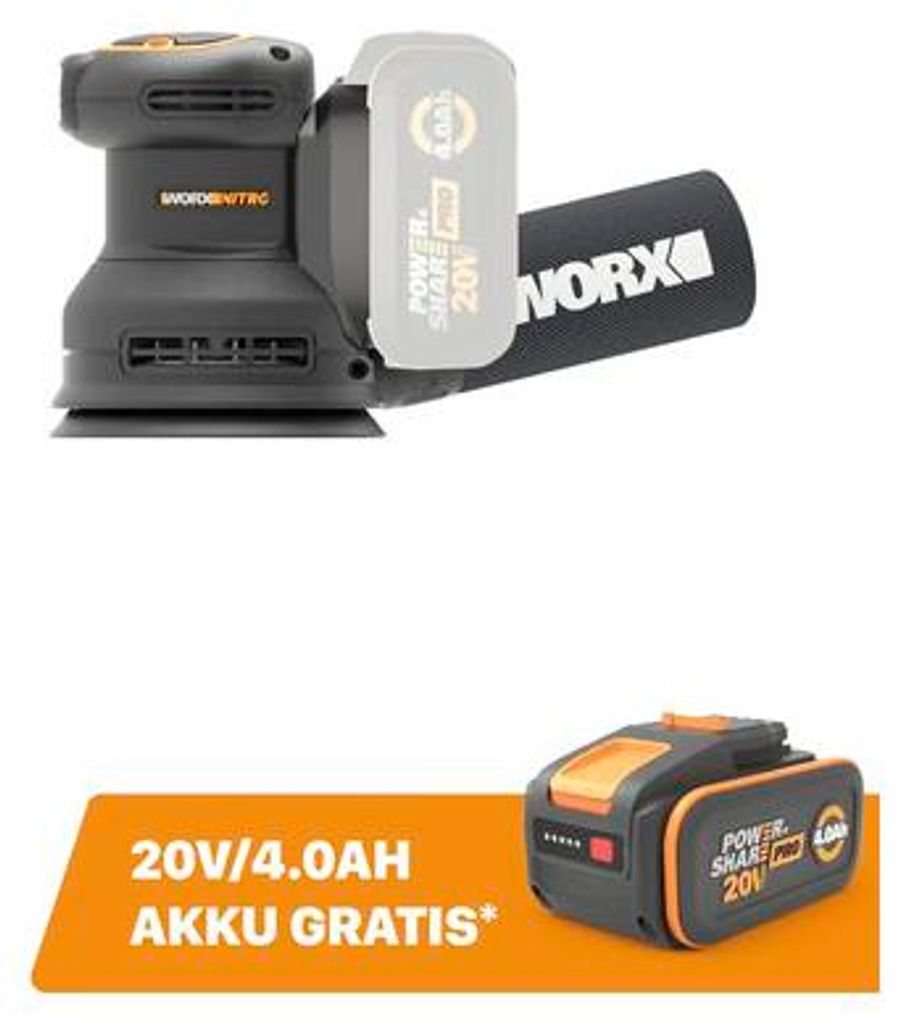 Akku-Exzenterschleifer WORX Wx823.9, ohne Akku und Produktbild 