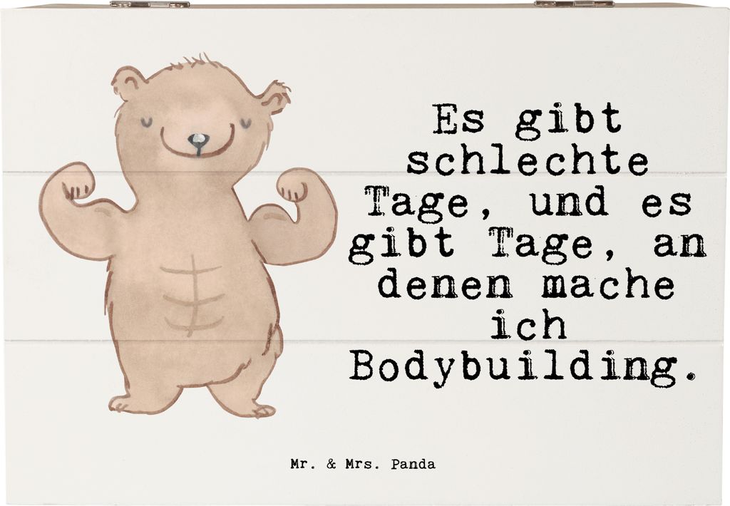 Mr. & Mrs. Panda Geschenkbox Bär Bodybuilding 22 x 15 cm - Weiß - Geschenk, Kiste, Leistungssport, Holzkiste mit Deckel, Körpergestaltung, Sport...