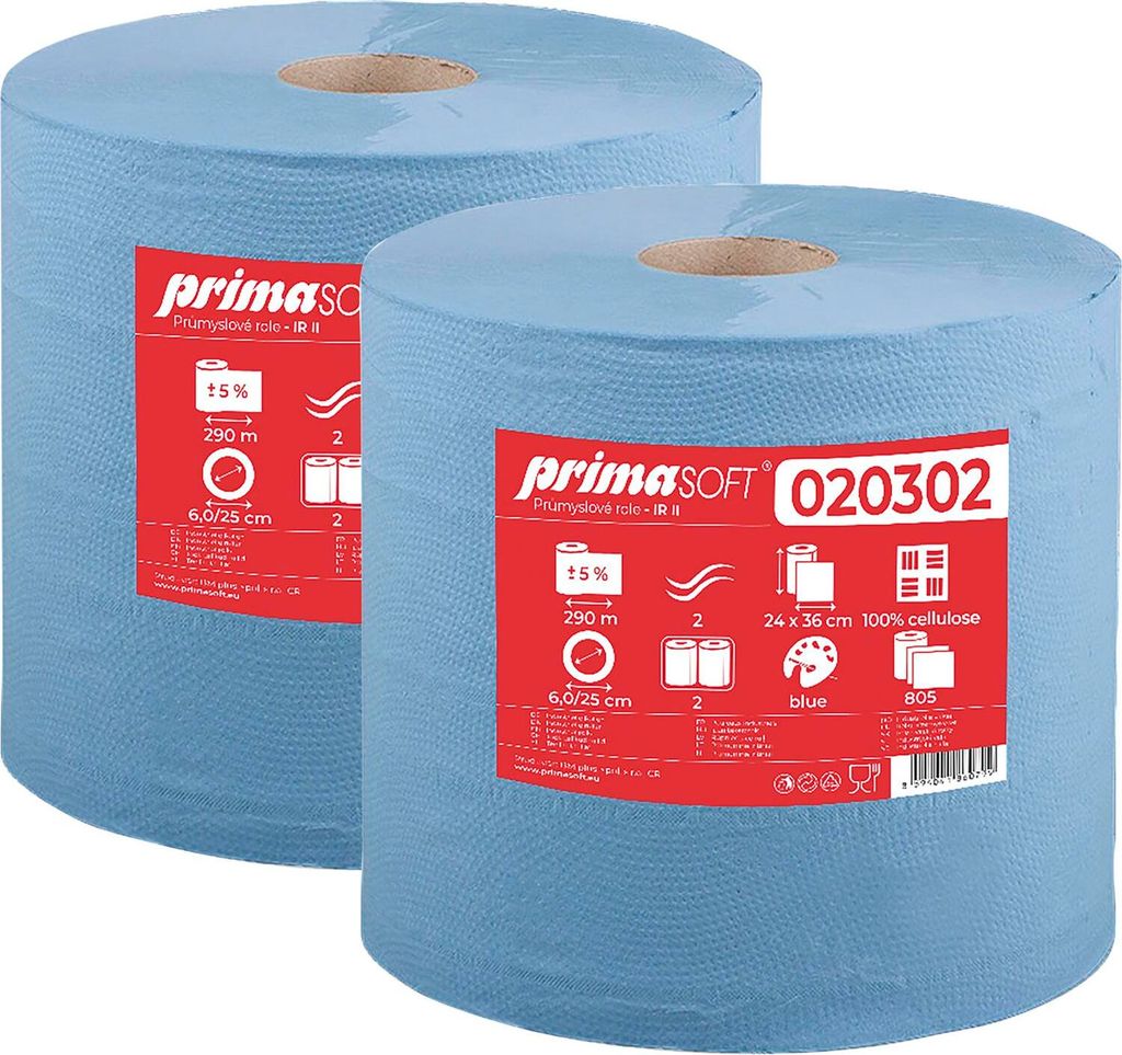 Putzpapier-Rolle IR II primaSOFT 020302, Reinigungstücher Wischtücher Papiertücher + fusselfrei + Zellulose, blau, 2-lagig, 2 Rollen