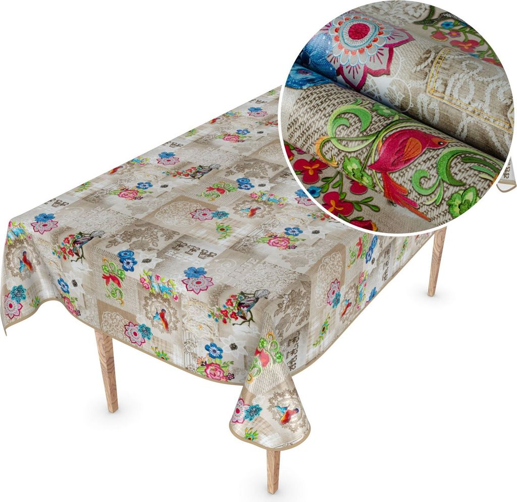 Tischdecke Wachstuch MIMOSA Blumen Beige Robust Wasserabweisend Breite 140 cm Länge 180 cm