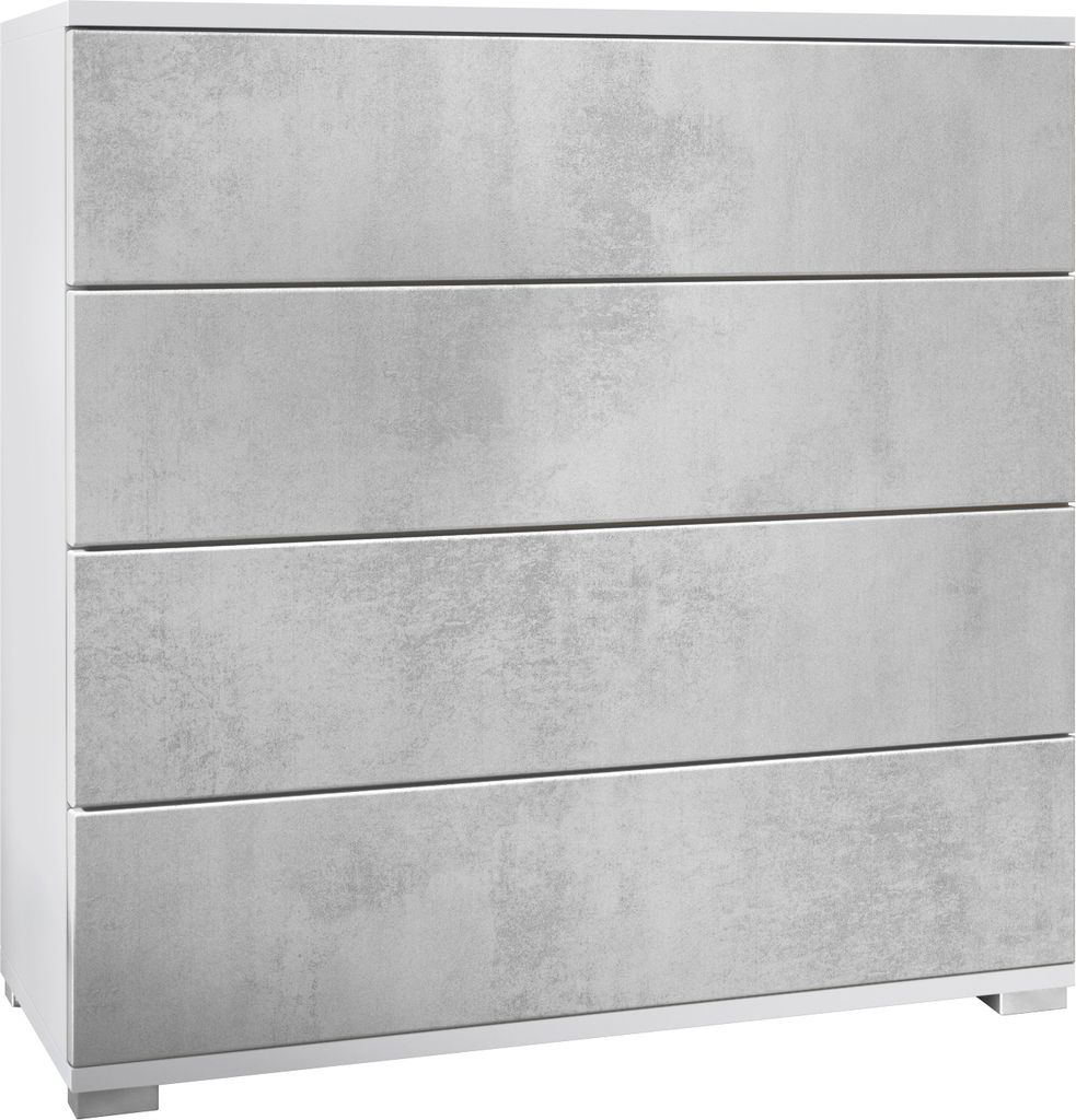 Vladon Kommode Pavos V3, Sideboard mit 4 Schubladen Weiß matt/Beton Oxid Optik (76 x 76 x 35 cm)