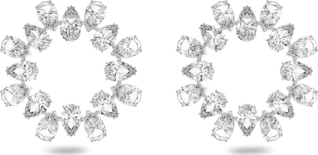A pair of sparkling diamond earrings arranged in a circular pattern against a white background.