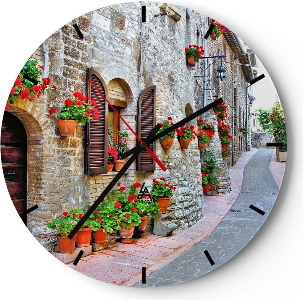 Wanduhr - Rund - Glasuhr - Italien Straße Blumen Geschichte - 40x40cm - Schleichendes Uhrwerk - Lautlos - zum Aufhängen bereit - Dekoration Moder...