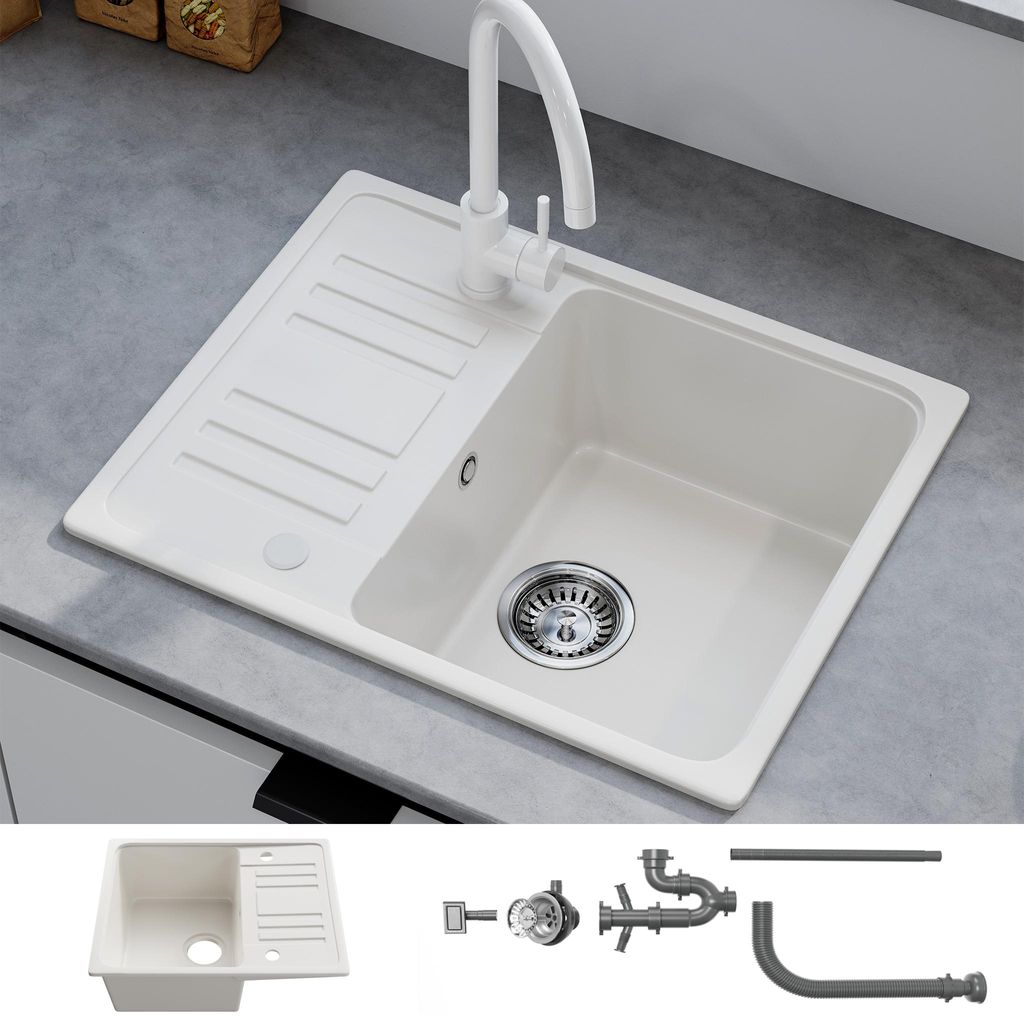 HOROW Granieten spoelbak voor de keuken, wit - 1 bak, Productafbeelding 