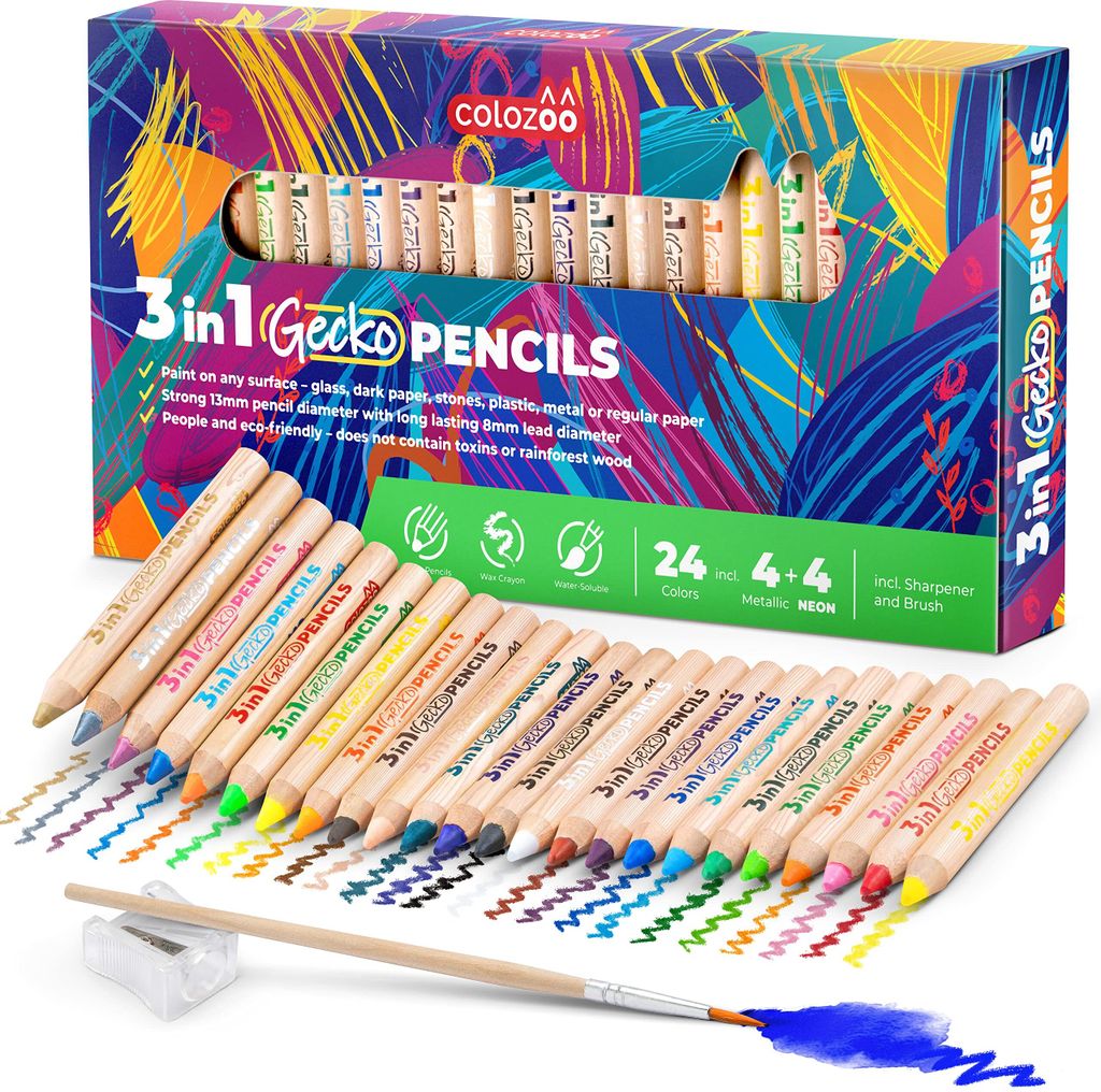 colozoo Gecko Wood 3 In 1 Buntstifte Kleinkinder Set | 24 Dicke Malstifte Set inklusive Pinsel und Anspitzer | Ungiftige und Vegane Stifte für Kin...