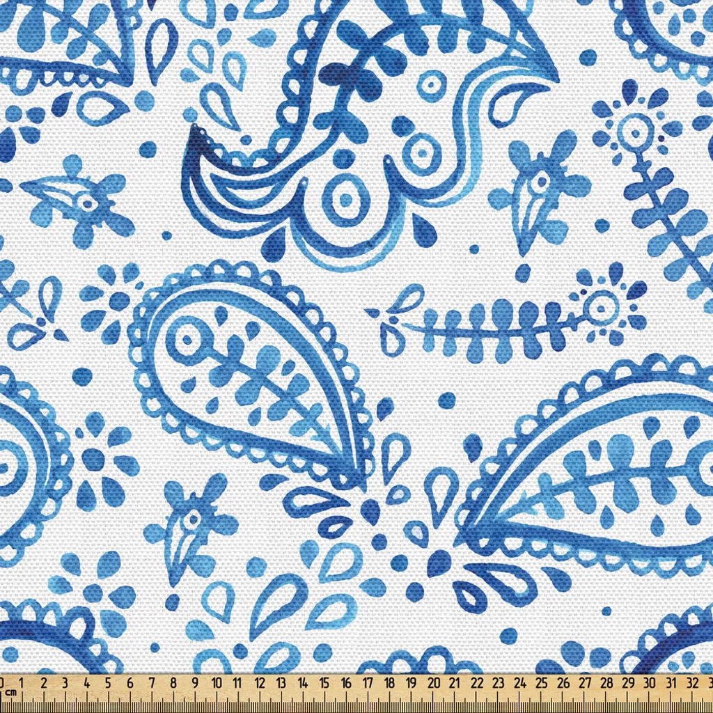 Tissu Paisley ABAKUHAUS au mètre motif Ikat Vintage 148x300cm Bleu