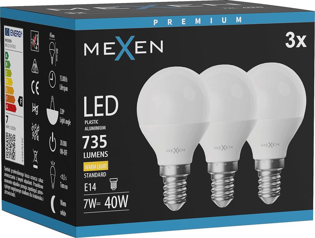 Mexen Nova 3x LED-Glühbirne E14, G45, 7W, Warm - 3000K, 735 lm - L101-E14-0730-01x03