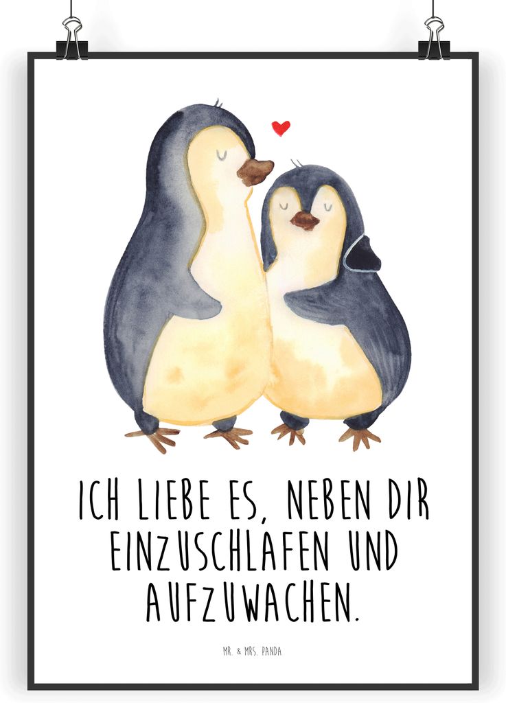 Mr. & Mrs. Panda Bild Pinguine Einschlafen DIN A4 - Weiß - Geschenk, Hochzeitstag, Freund, Valentinstag, Jahrestag, Wandbild, wandkunst, für Frau...