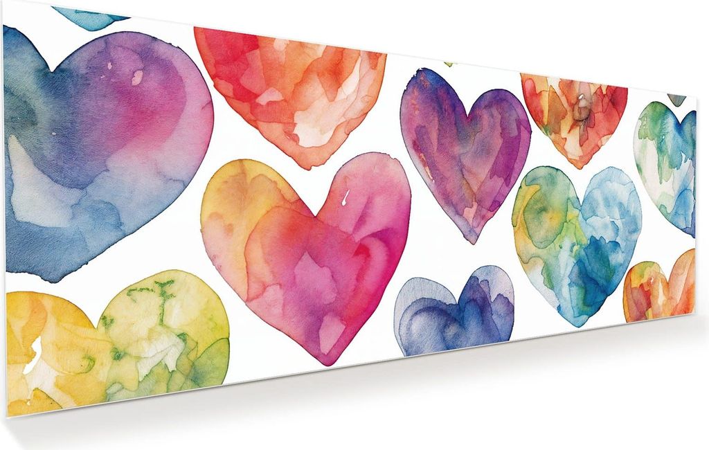 Glasbild 100x40cm in XXL für Wohnzimmer, Schlafzimmer Motiv Aquarellherzen