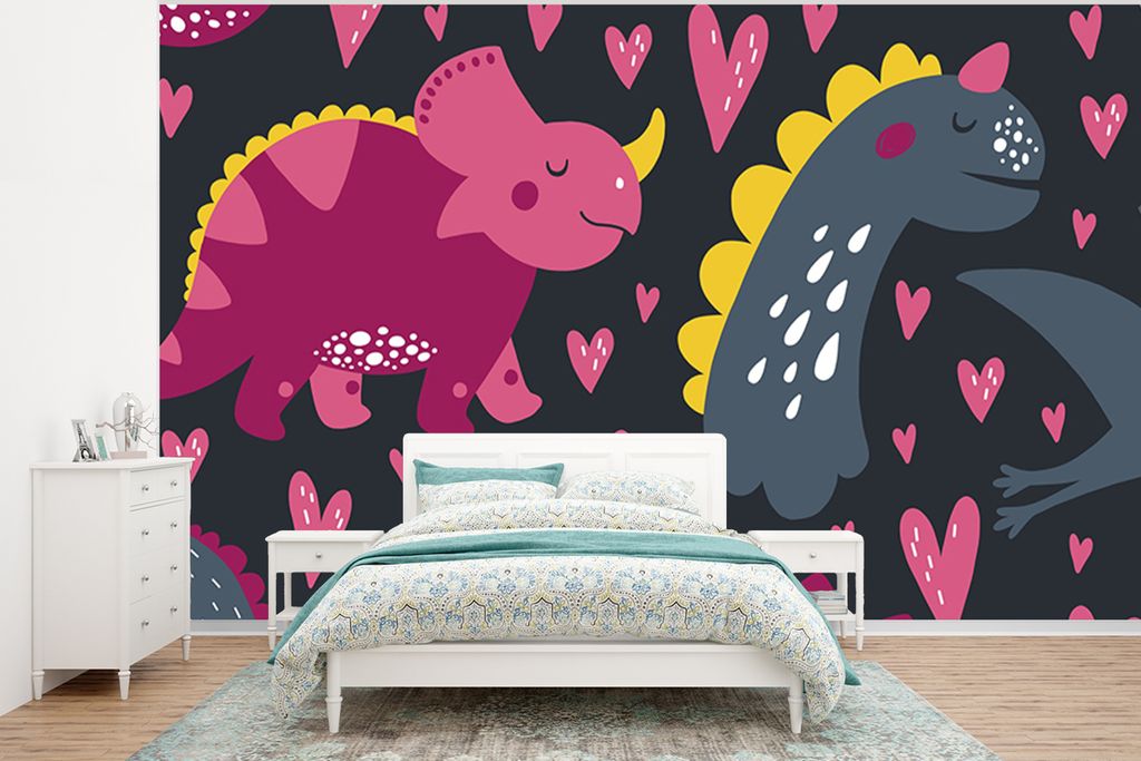 MuchoWow Fototapete für Wohnzimmer oder Schlafzimmer Wandtapete Vinyl Motivtapete Dinosaurier - Kind - Muster - Rosa - Mädchen - 400x300 cm - K...
