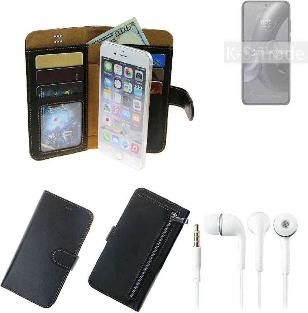 TOP SET Handy Hülle Schutz Hülle kompatibel mit Motorola Edge 30 Neo schwarz aus Kunstleder + Kopfhörer Smartphone Tasche vollwertige Geldbörse