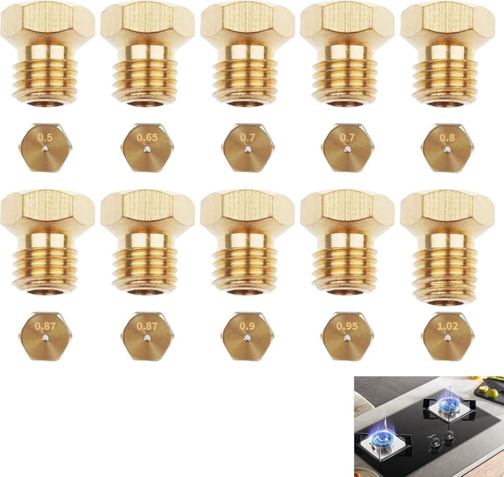 10 PCS Universal-Gasdüsen-Einspritzdüsen Für LPG-Propangasbrenner | Größen - Gewinde M6 x 0,75 | 0.5-0.65-(2 x 0.7)-0.80-(2 x 0.87)-0.90-0.95-...