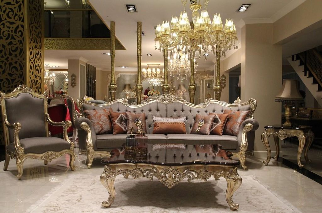 Casa Padrino Luxus Barock Wohnzimmer Set Grau / Dunkelbraun / Gold - 2 Sofas & 2 Sessel & 1 Couchtisch & 2 Beistelltische - Wohnzimmer Möbel im Ba...