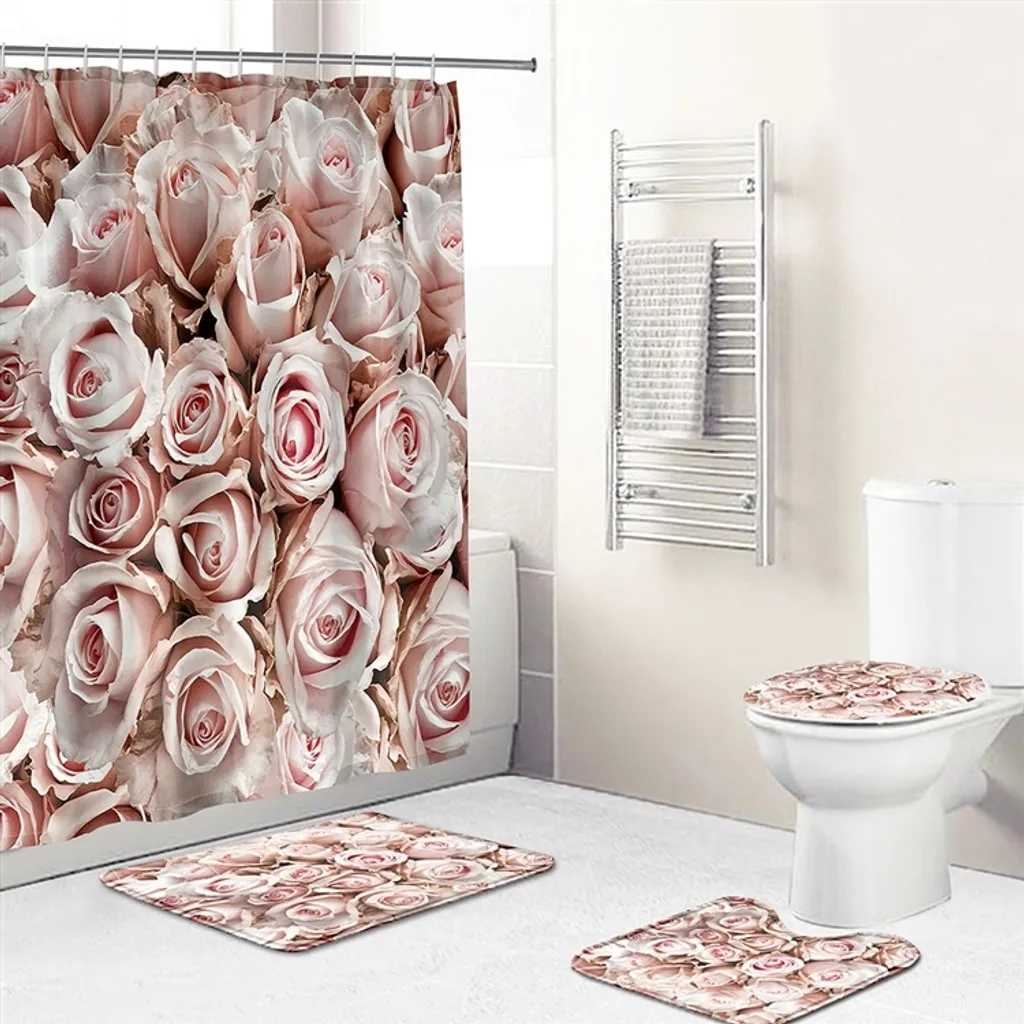 Set Bagno 4 Pezzi Floreale: Tenda Doccia e Tappeti Antiscivolo