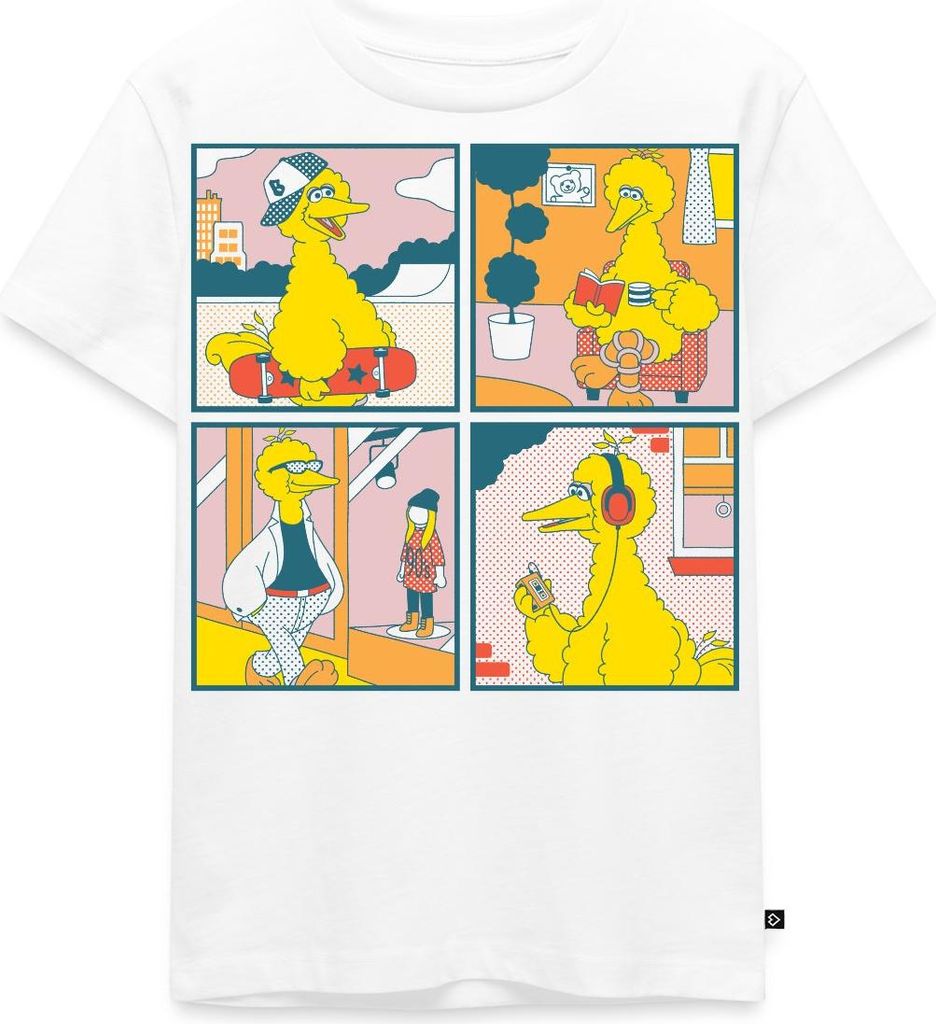 Spreadshirt Sesamstraße Bibo Comic Kacheln Kinder Premium T-Shirt, 110/116 (4 Jahre), Weiß