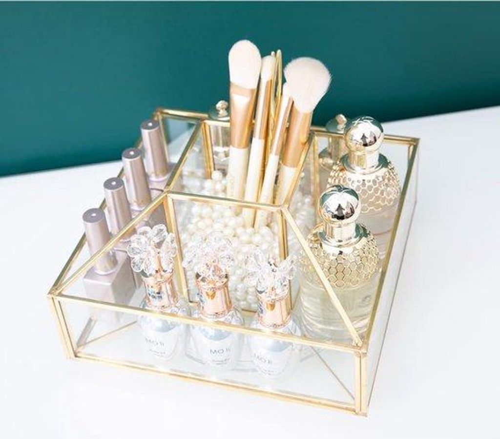 Rotationscosmetik-Organizer mit 360-Grad-Drehung, Glas-Kosmetik-Organizer, Schönheitsdisplay mit Spiegel, Gold-Pinselhalter