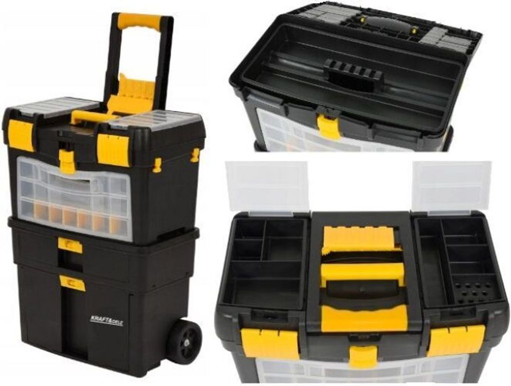 A collage of images showing a black and yellow rolling tool chest with multiple compartments and drawers.