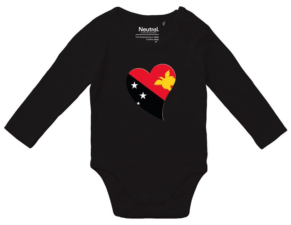 Huuraa Baby Body Papua-Neuguinea Flagge Herz 74 Black Baumwolle Fairtrade Langarmbody Geschenkidee