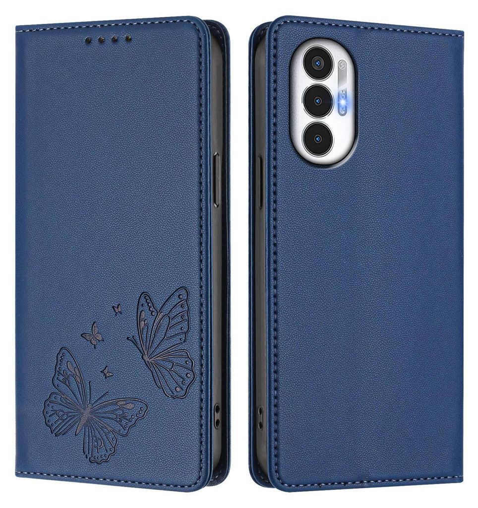 Lederhülle für Tecno Pova 3, Schmetterling Prägung Leder Brieftasche Schutzhülle mit Ständer Dunkelblau