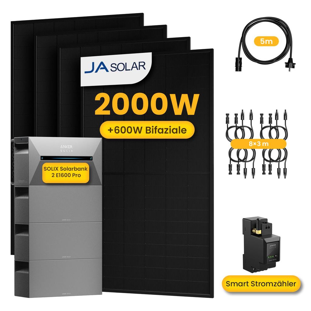 Powerness Balkonkraftwerk mit Speicher,Anker Solarbank 2 E1600 Pro Speicher mit 3x BP1600 Erweiterungsakku und 2000W JA Solar Solarmodule & Smartm...