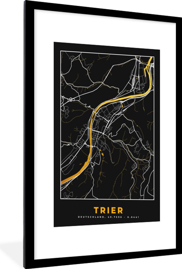 MuchoWow Gerahmtes Poster Karte - Trier - Gold - Stadtplan - Deutschland 60x90 cm - Poster mit Schwarzem Bilderrahmen Wandposter Rahmen Foto Bild...