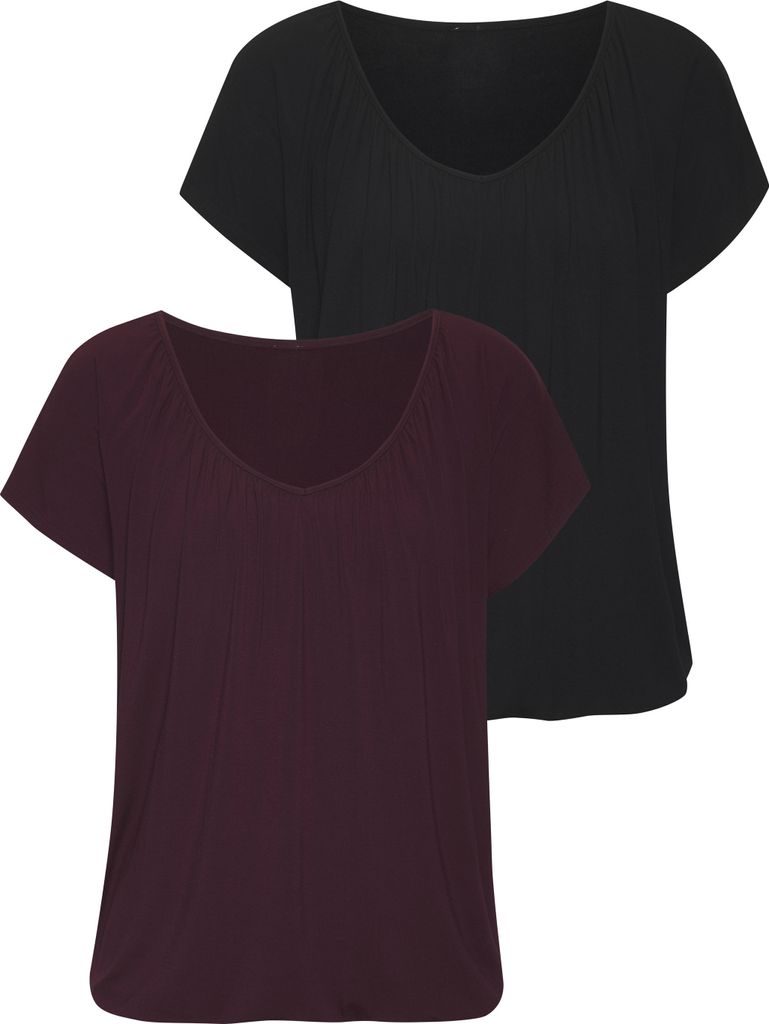 LASCANA Kurzarmshirt 2 -teilig aubergine, schwarz Größe 32/34
