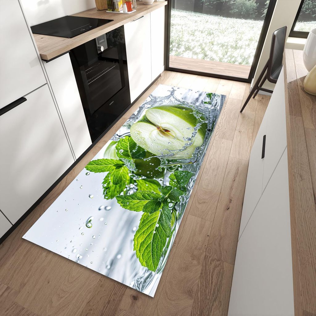 Küchenteppich 90x240cm rutschfest & abwischbar PVC Läufer - Spritzender Apfel Mint