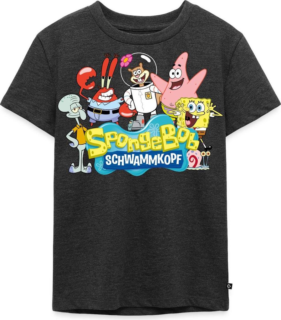 Spreadshirt SpongeBob Schwammkopf Logo Patrick Thaddäus Krabs Kinder Premium T-Shirt, 134/140 (8 Jahre), Anthrazit meliert