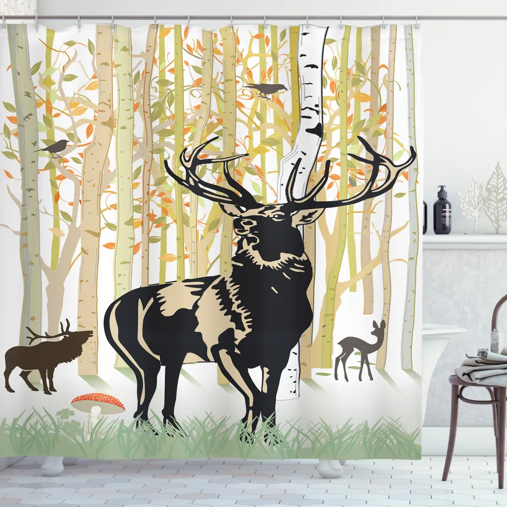 ABAKUHAUS Tenda da doccia con motivo corna di cervo, animali selvatici dell'autunno nel bosco, stampa personalizzata, 12 ganci inclusi, colori resistenti, decorativa con colori chiari, 175 x 180 cm, verde arancione