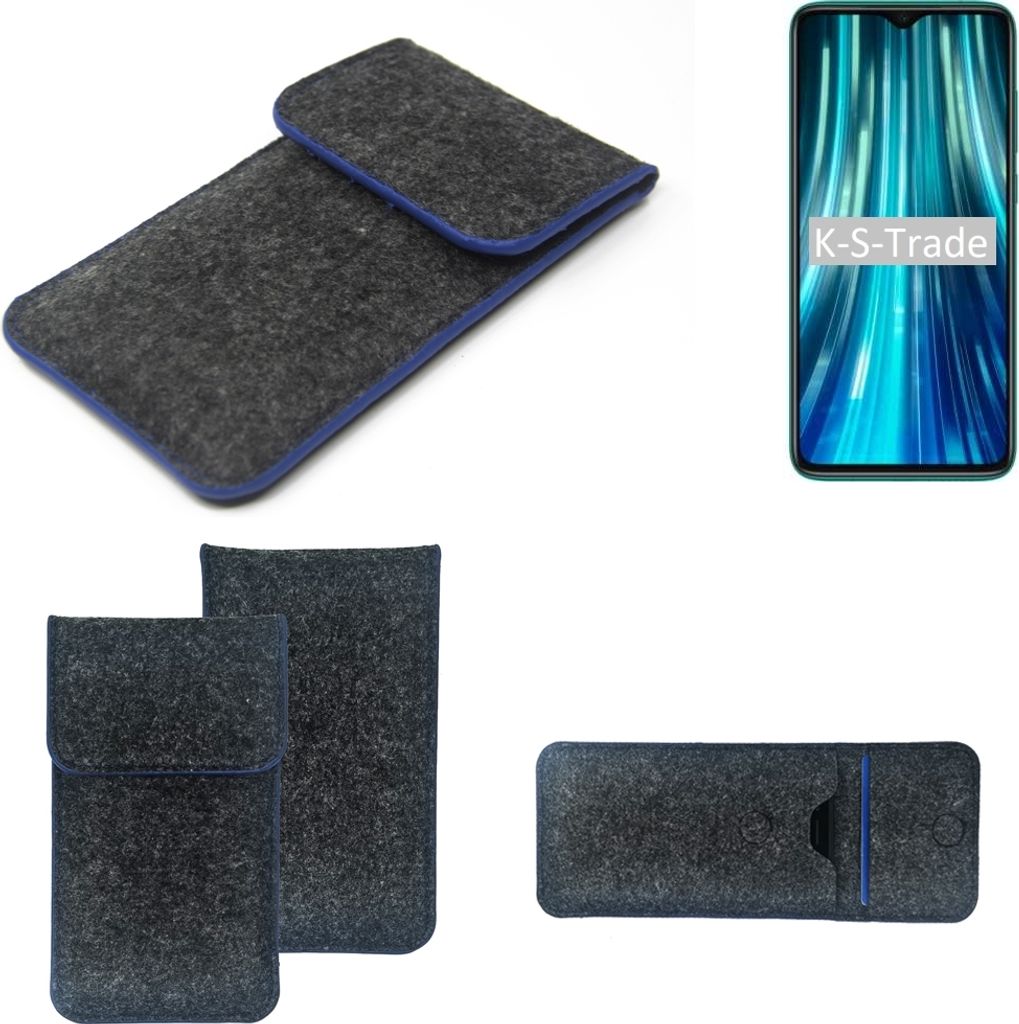 K-S-Trade Handy-Hülle Schutz-Hülle kompatibel mit Xiaomi Redmi Note 8 Pro Filztasche Pouch Tasche Case Sleeve Filzhülle dunkelgrau, blauer Rand