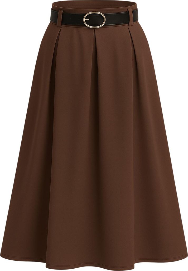 430_Mississhop Damen A-Linien-Rock Eleganter Faltenrock mit Gürtel – mittellang Gr. 36-40 Braun