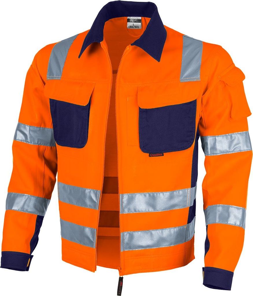 Qualitex Arbeitsjacke - reflektierende PROfessionals Warnschutz-Bundjacke (faserverstätkt) - in Farbe: warnorange/marine - Herren: XL - Damen: 50