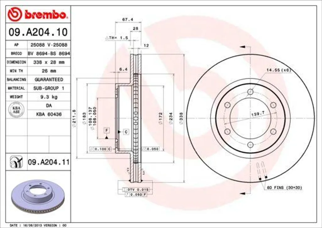 Disque de frein Land Cruiser Brembo 09.A204.11 performance sans bruit