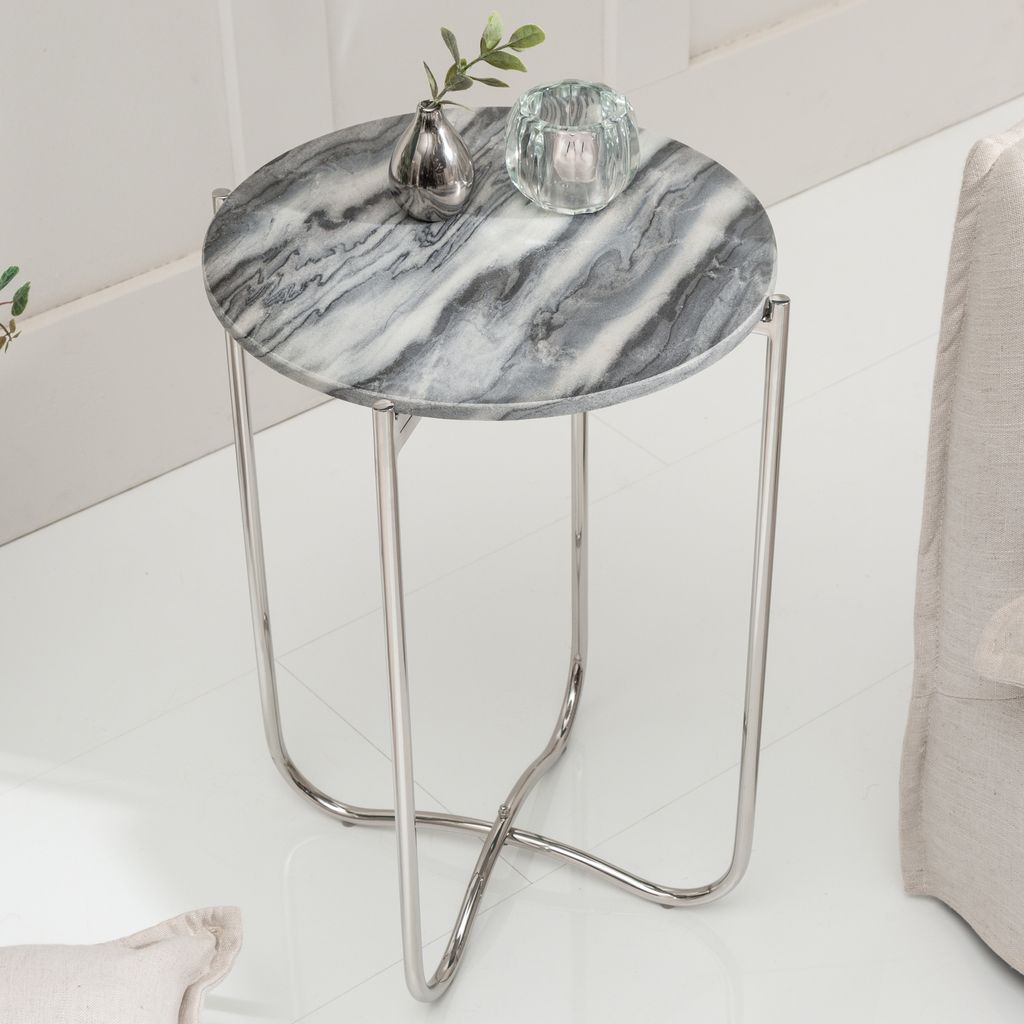 riess-ambiente Handgearbeiteter Beistelltisch NOBLE I 40cm grau Marmor abnehmbare Tischplatte rund klappbar Couchtisch Tisch