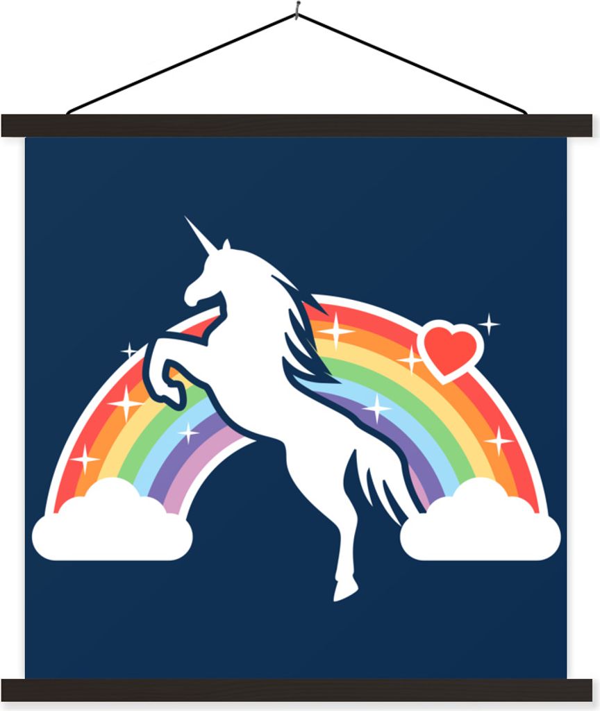 MuchoWow Textilposter Eine Illustration von einem weißen Einhorn vor einem Regenbogen auf einem blauen Hintergrund - Mädchen - Kind - Baby 60x6...