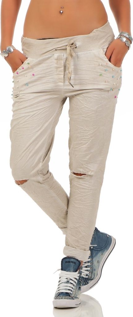 209 Damen Hose leichte Freizeithose Stoffhose elegante sportliche Damenhose mit Perlen und Rissen Tunnelzug feinen falten One Size Beige