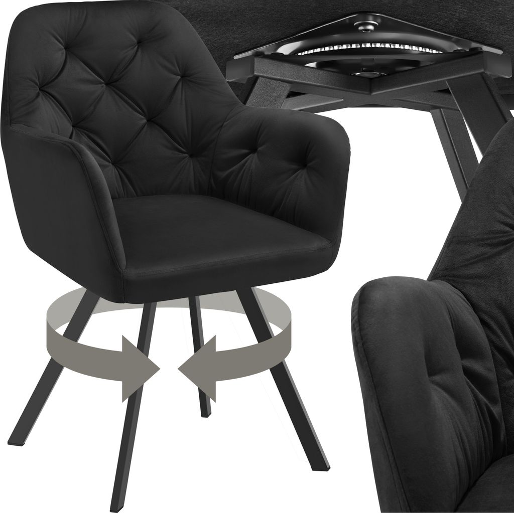A black velvet armchair with tufted detailing is shown from the front, with a circular arrow graphic indicating rotation around its base. Another armchair is partially visible in the foreground.