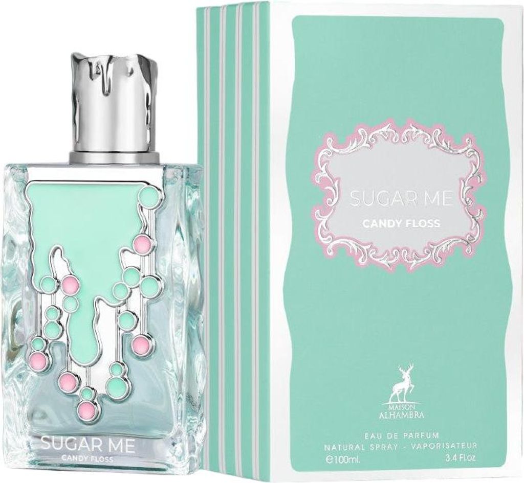 A perfume bottle and its packaging are displayed against a white background.