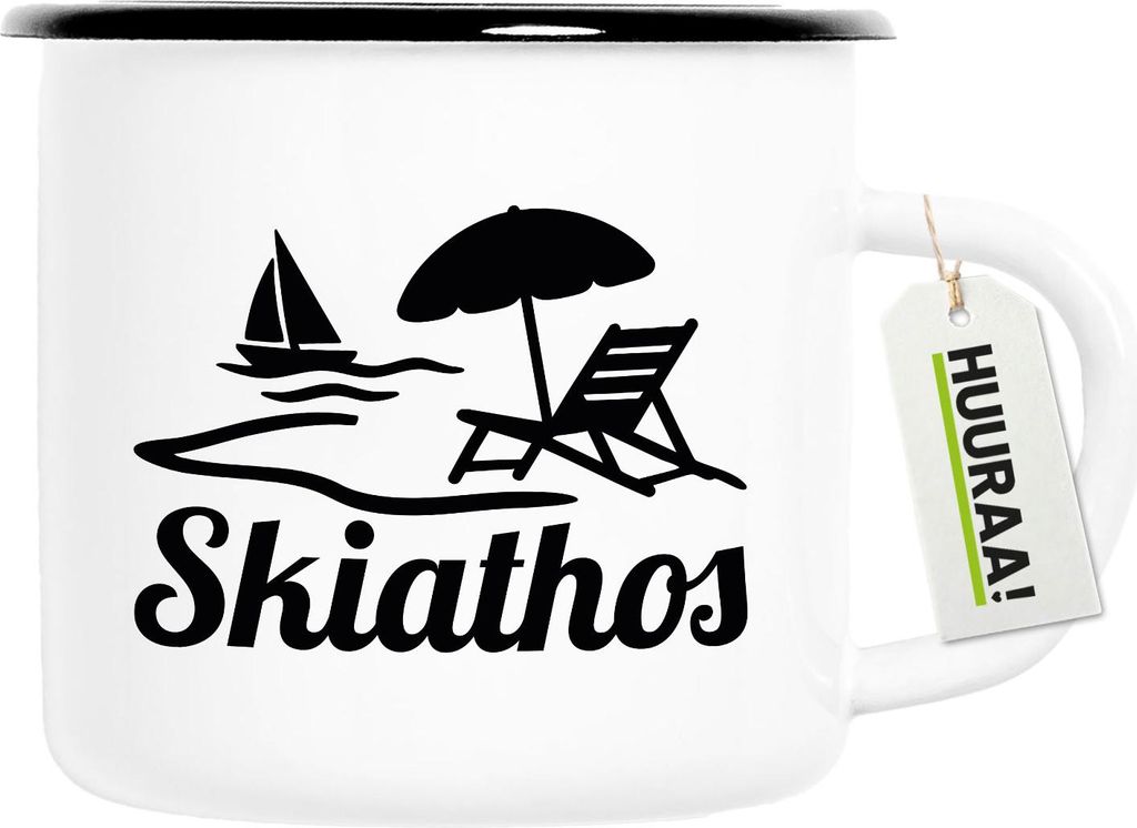 Huuraa Emaille Tasse Skiathos Inselmotiv Griechenland 300ml Vintage Campingbecher Geschenkidee