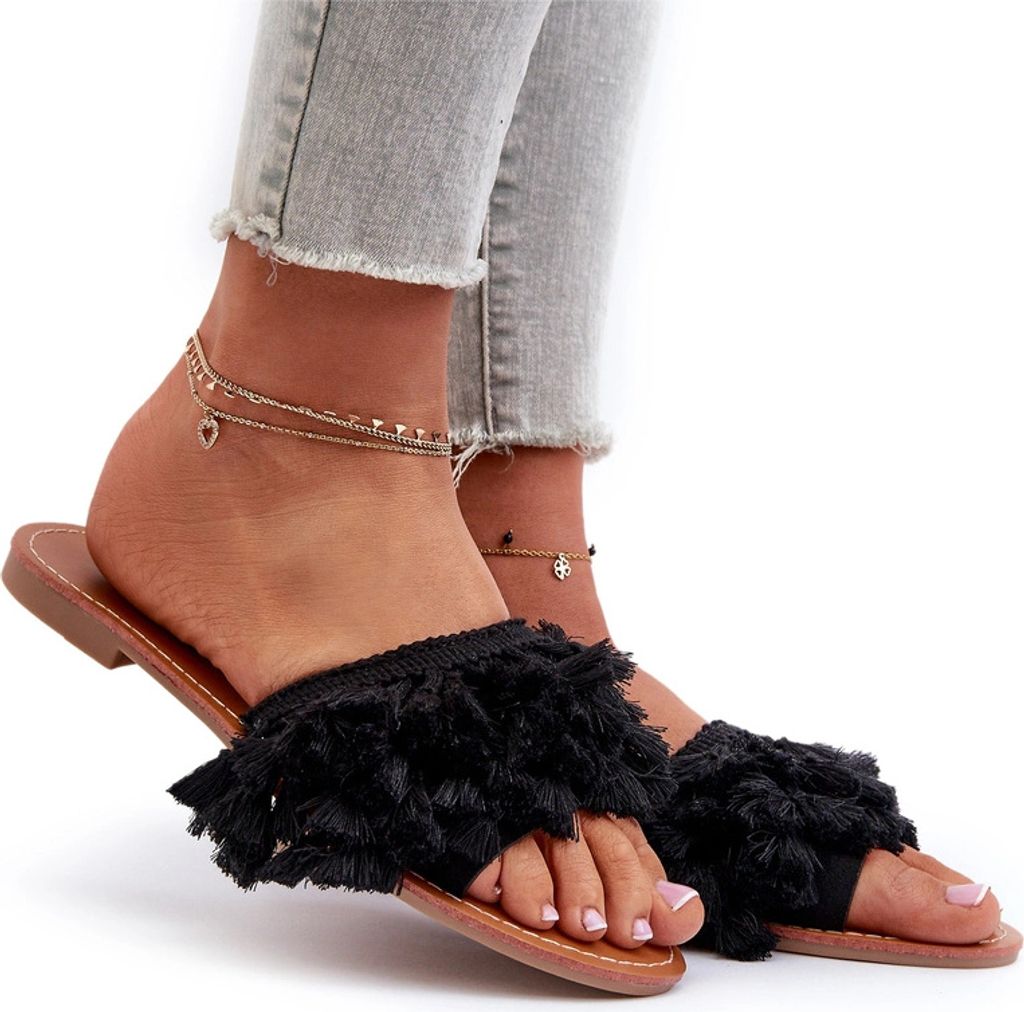 Damen flache Sandalen mit Fransen Schwarz Rialle 40