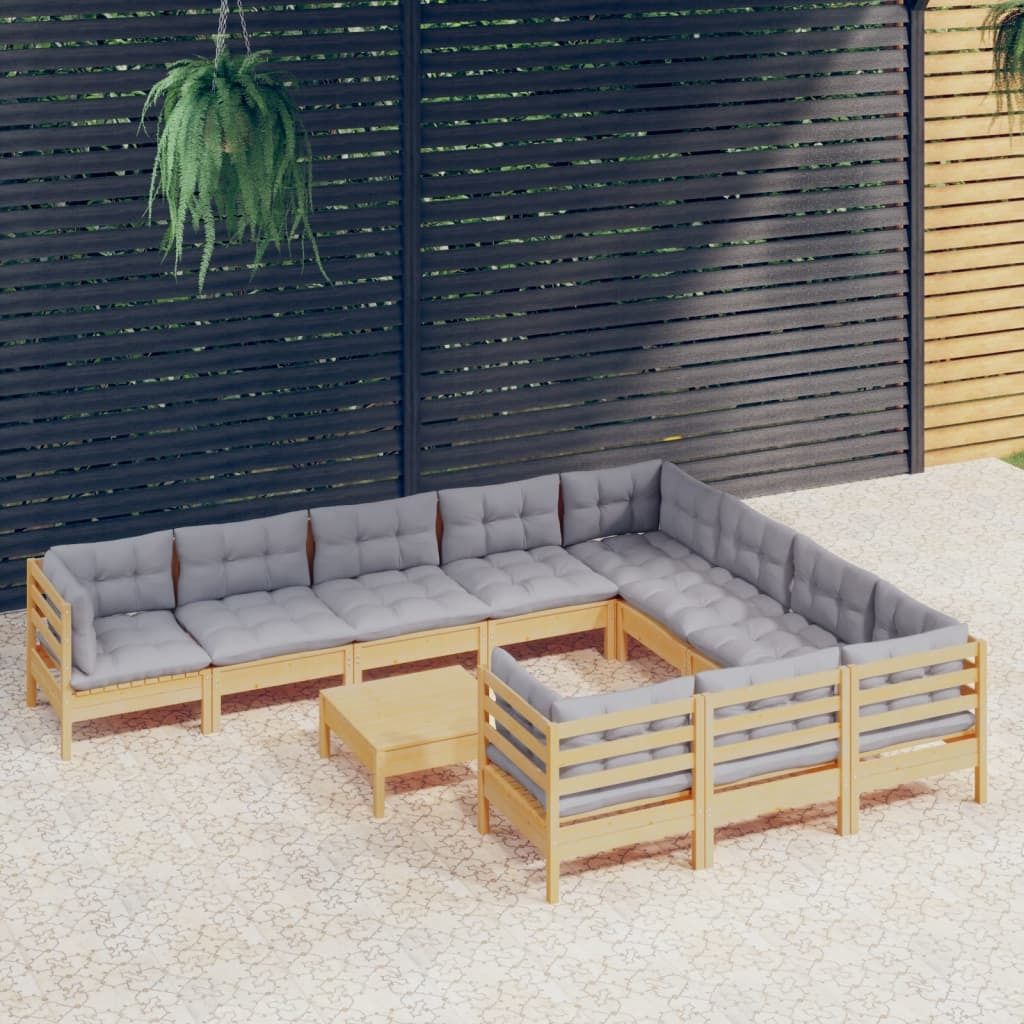 The Living Store 11-tlg. Garten-Lounge-Set mit Grauen Kissen Kiefernholz