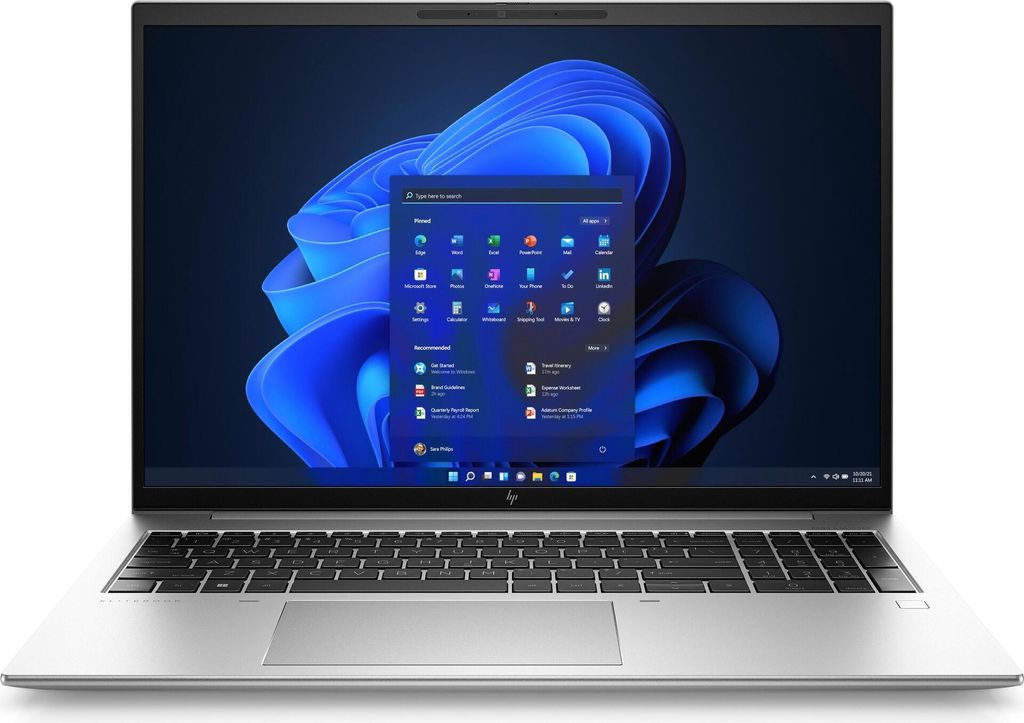 A silver HP laptop with a Windows 11 interface displayed on the screen.
