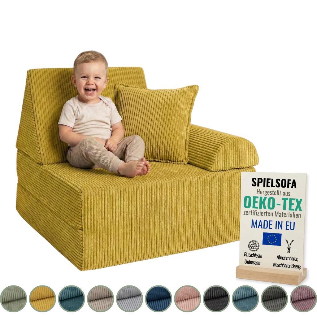 Pillows24 – Spielsofa für Kinder aus Cordstoff | Kindersessel mit waschbarem Bezug | Kindersofa für Spielzimmer – Hergestellt in der EU, Gelb