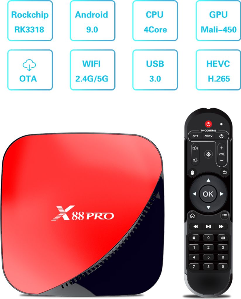 X88 Pro Android 9.0 TV Box Rockchip RK3318 4 Core 2.4G&5G Wifi 4K HDR Set Top USB 3.0 Support 3D Film Schwarz Rot US Stecker