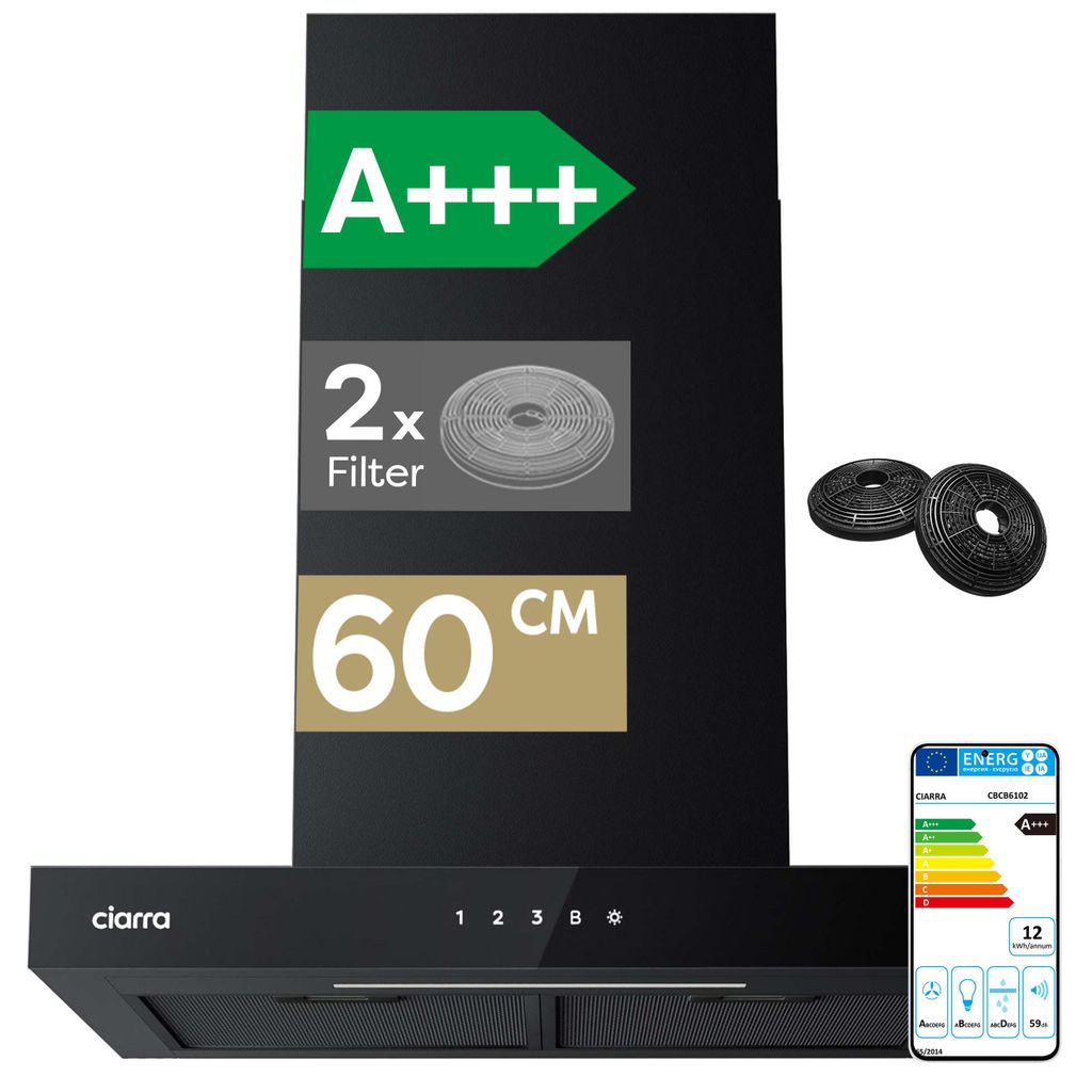 CIARRA A+++ 650 m³/h Dunstabzugshaube 60cm Wandhaube WIFI Produktbild 
