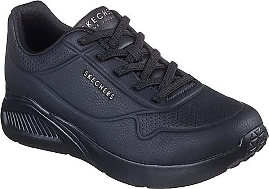 A black Skechers women's trainer shoe is shown from a side angle against a white background.