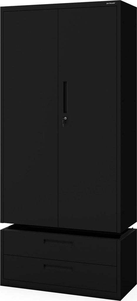 JAN NOWAK Hoher Metall-Büroschrank mit Doppelschublade MEGAN Schwarz 195x90x40 cm