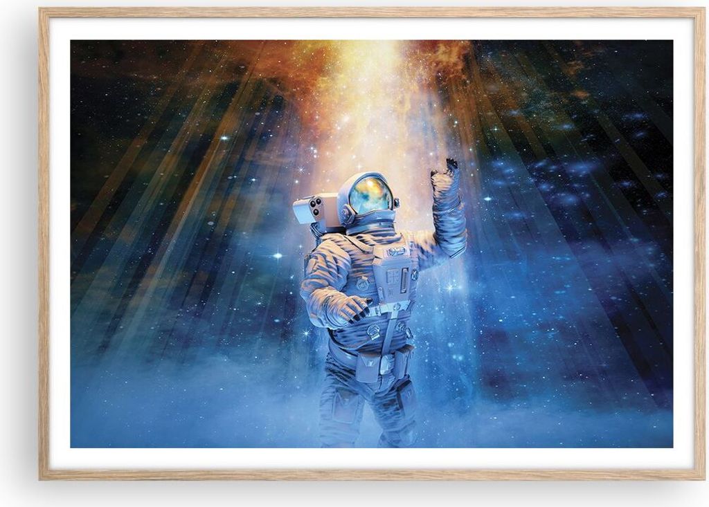 Gerahmtes Poster - Rahmen in heller Eiche - Astronaut Licht Kosmos - 100x70 cm - Wand Bild - Wanddeko - Wandbilder - Kunstposter - Wandposter - Bil...