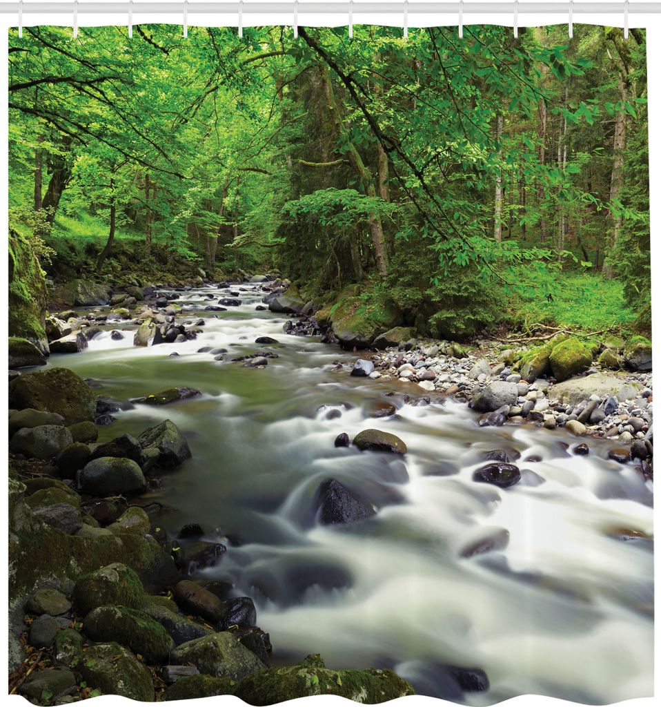 ABAKUHAUS Wald Duschvorhang, Rushing Riverbed Mit Rocks Trees Mountain Branches Sträucher Natur Landschaft, Stoffliches Gewebe Badezimmerdekoratio...